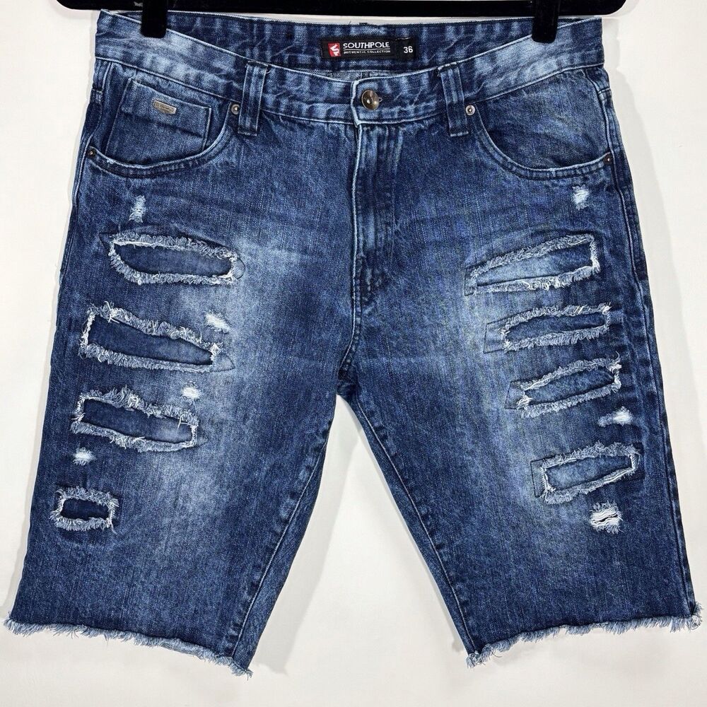 SouthPole Denim Skater Shorts Mens Size 36 Distressed Frayed Hem Hip Hop Y2K